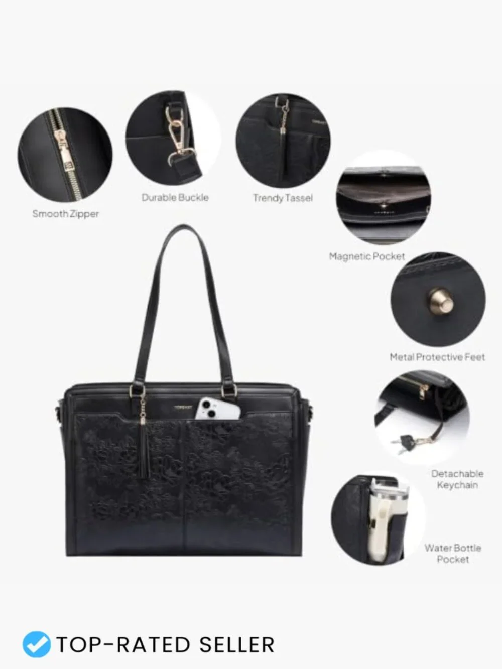 Vintage Laptop Tote Bag Embossed Vegan Leather 15.6 Inch Work Shoulder Bag
